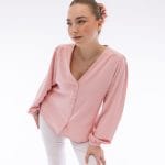 Kadın V Yaka Büzgü Detaylı Viskon Bluz Gömlek