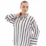 Kadın İpliği Boyalı Oversize Ekru Çizgili Gömlek
